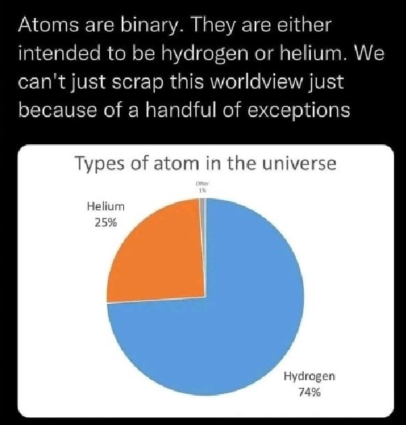 This meme is a humorous take on the concept of atomic elements. The image is a pie chart that supposedly shows the types of atoms in the universe, but it's actually a joke. The chart is labeled "Types of atoms in the universe" and shows that 99.9% of atoms are hydrogen, with a tiny 0.1% being helium, and then a tiny 0.01% being "other" - which is likely a joke about the universe being mostly made up of hydrogen.
